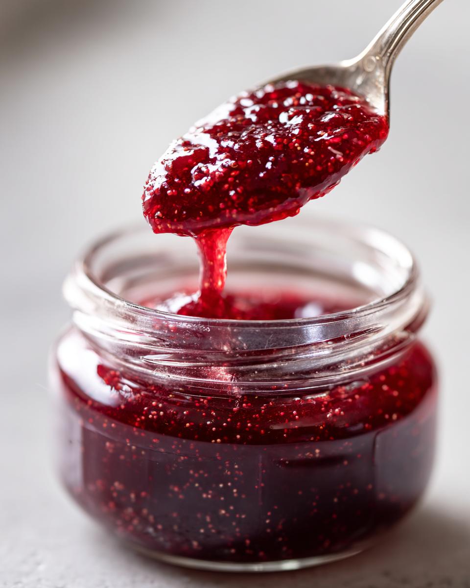 A silver spoon lifts thick, glistening raspberry jam from a small glass jar, showing seeds.