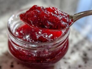 Close-up of a spoonful of thick, glistening homemade raspberry jam being lifted from a small glass jar.
