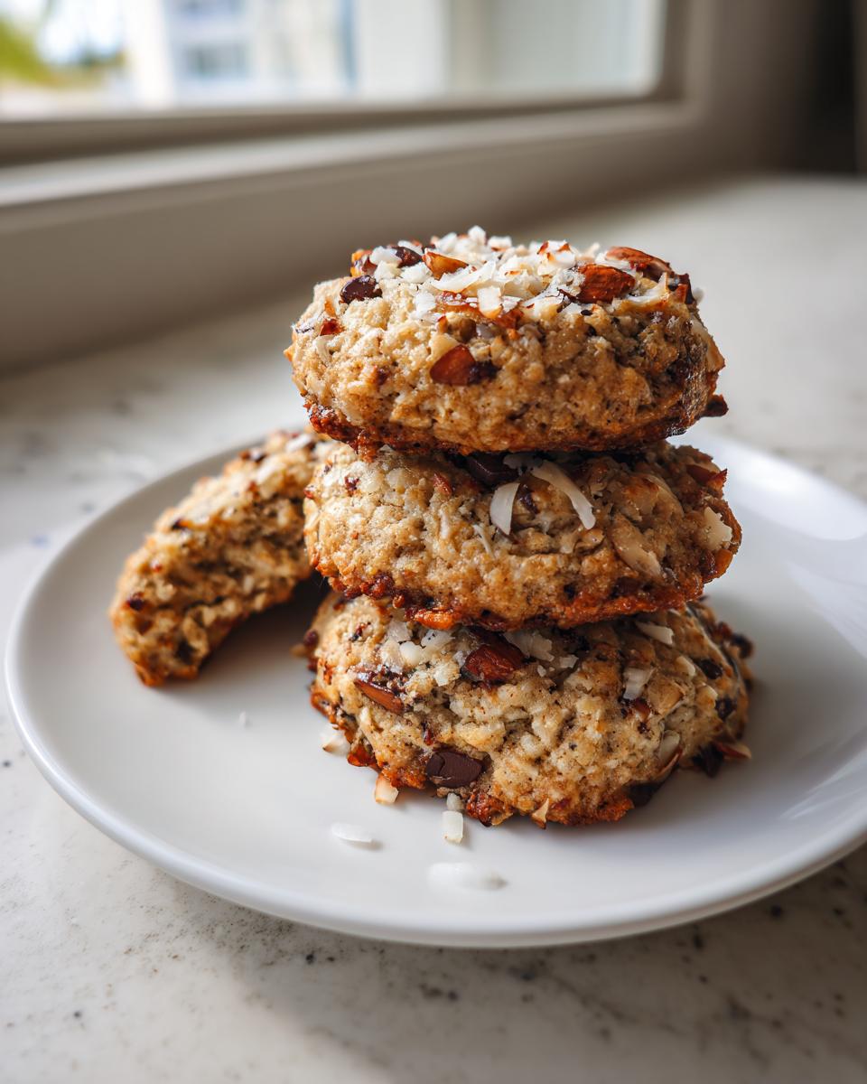 Three stacked, textured almond joy cookies topped with shredded coconut and chopped almonds on a white plate.