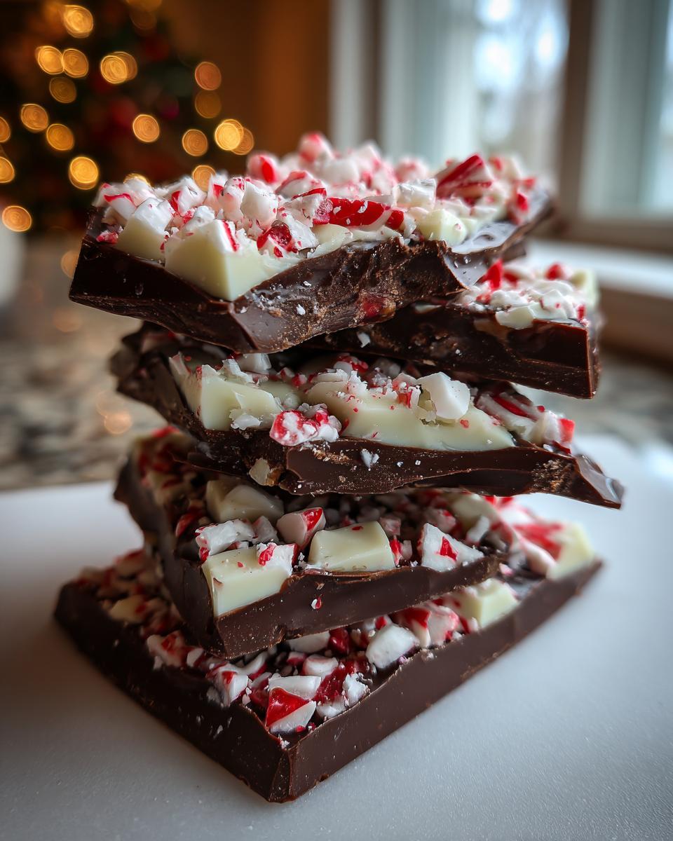 A stack of dark chocolate peppermint bark pieces topped with white chocolate chunks and crushed candy canes.