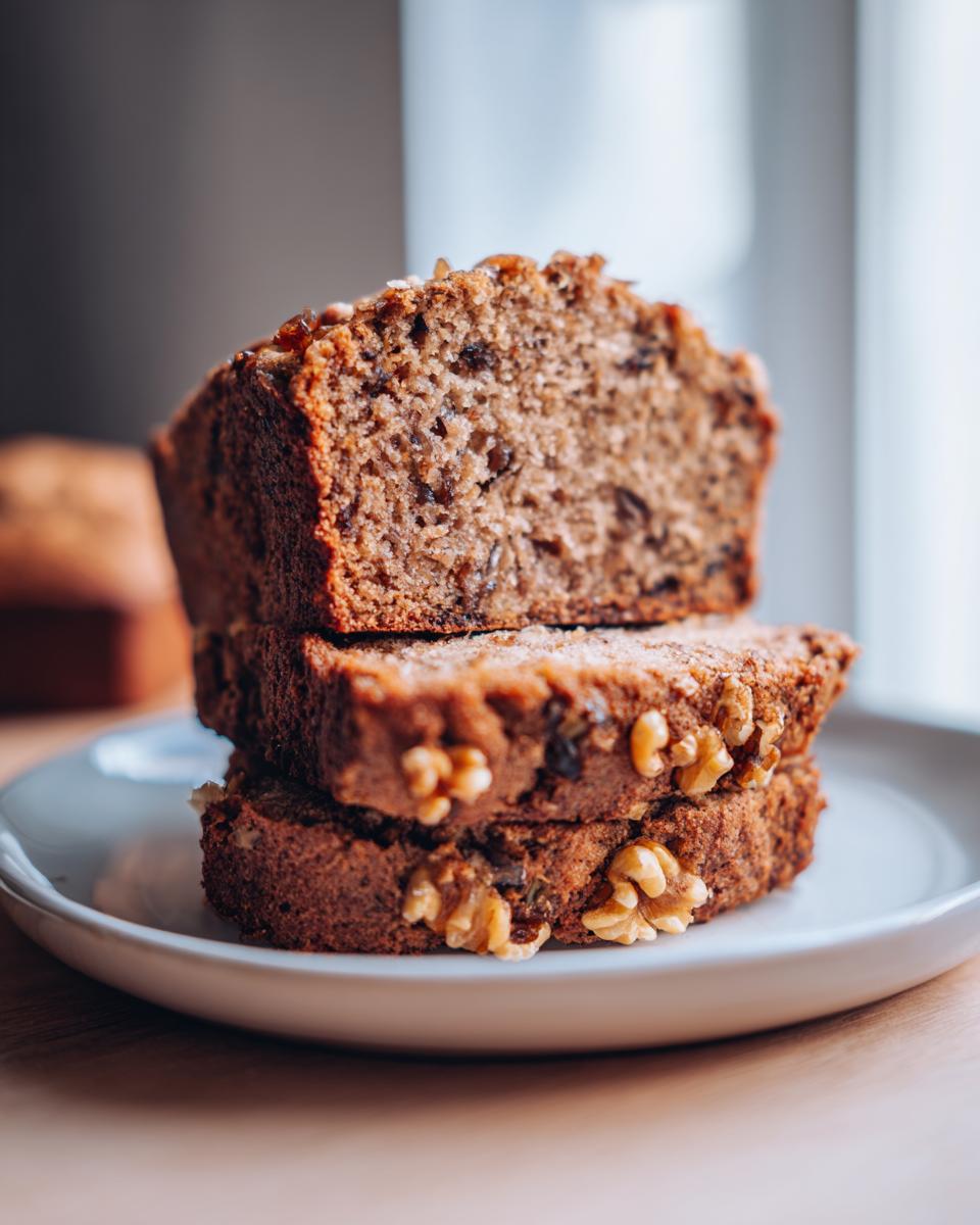 Three stacked slices of moist date nut bread topped with walnuts on a white plate.
