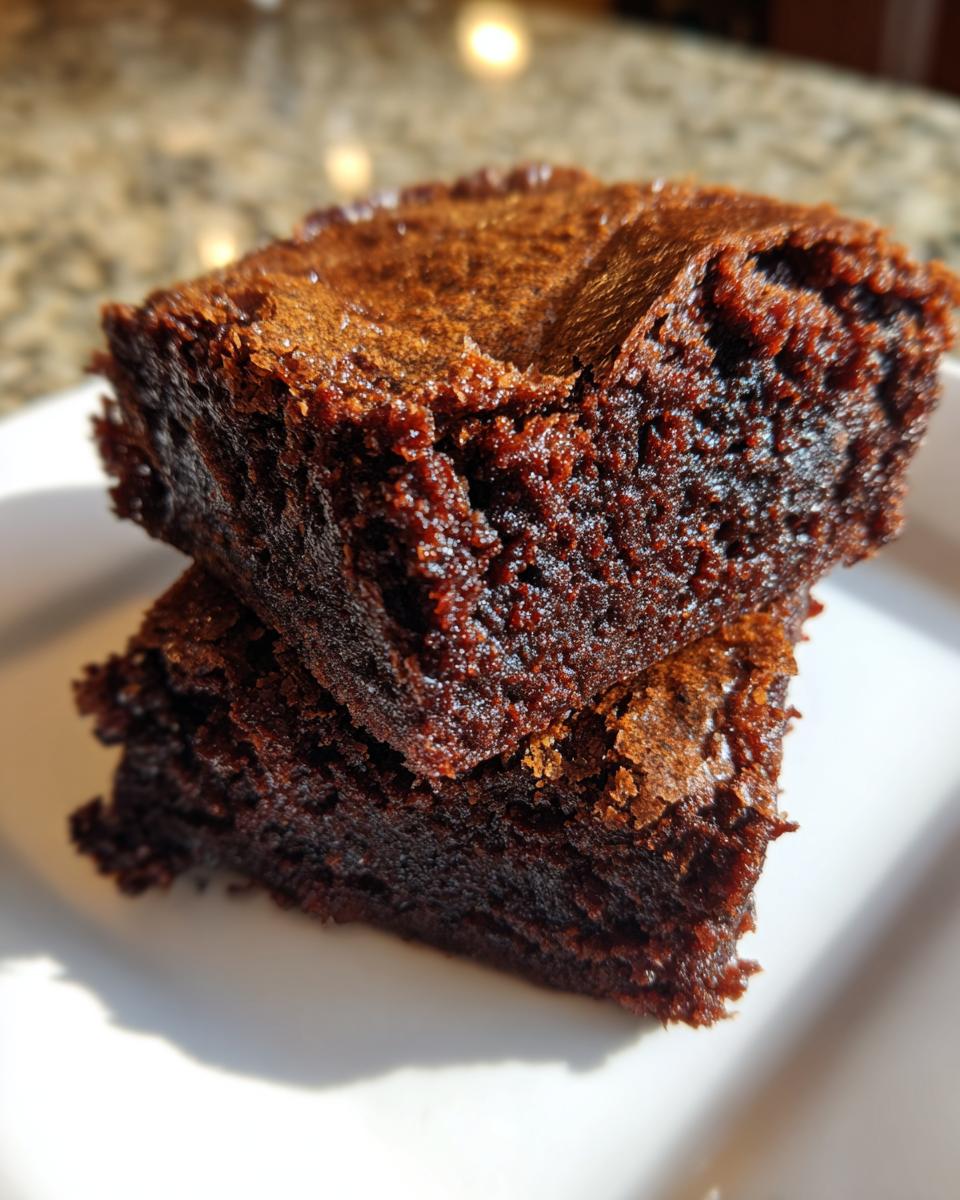 Close-up of two rich, dark gingerbread brownies stacked on a white plate, showing a fudgy texture.