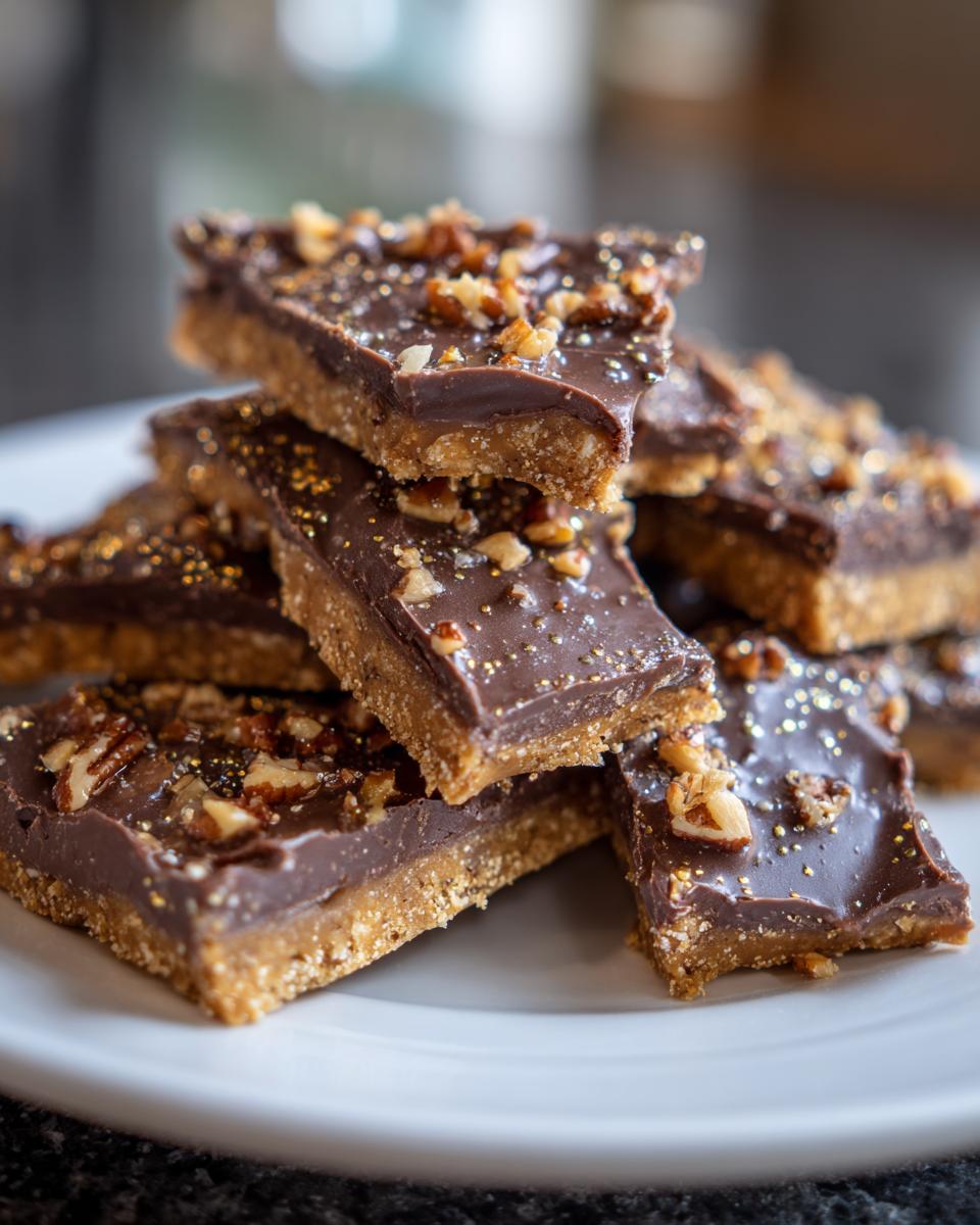 Close-up of stacked graham cracker toffee bars topped with melted chocolate, chopped pecans, and edible gold glitter.