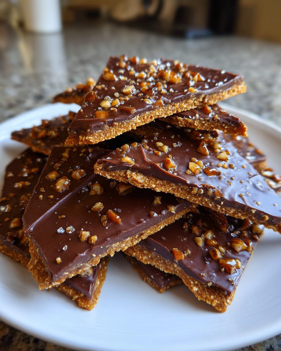 A stack of triangular pieces of graham cracker toffee topped with melted chocolate and chopped nuts.