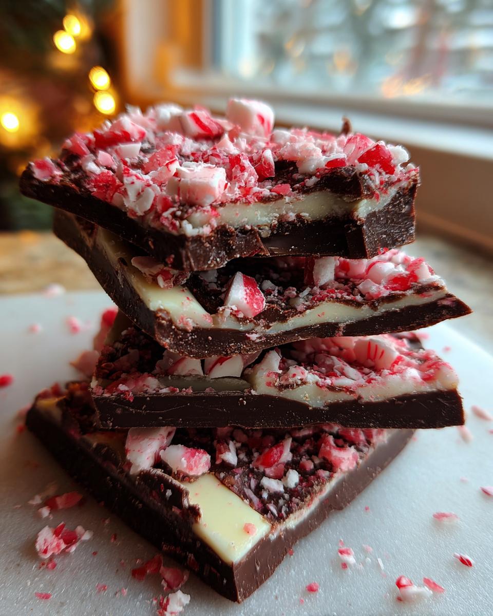 Three stacked squares of dark and white chocolate peppermint bark topped with crushed candy canes.