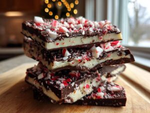 A stack of rich, layered peppermint bark pieces topped with crushed candy canes.