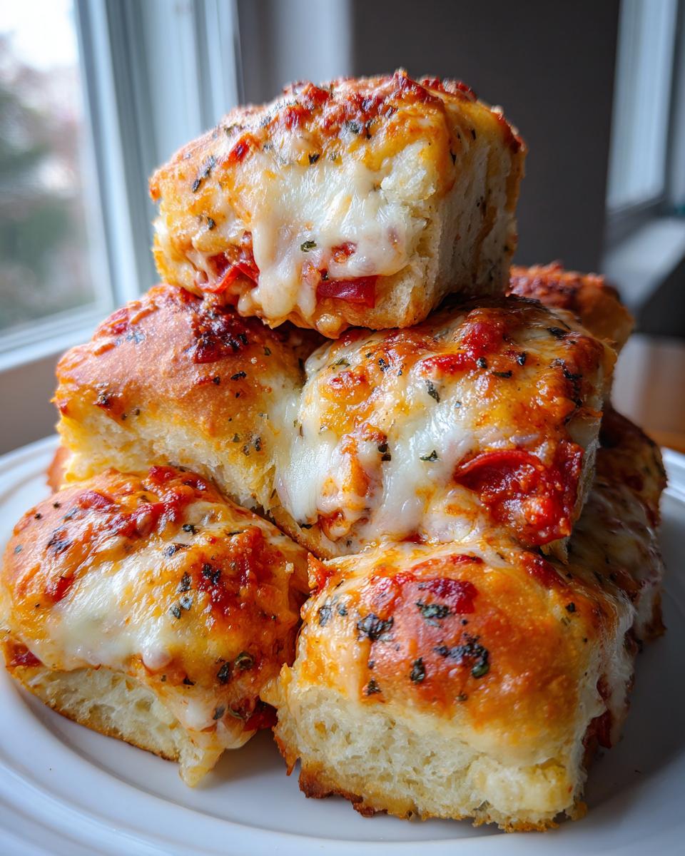 A stack of gooey, cheesy pizza sliders with pepperoni and herbs, featuring melted mozzarella.