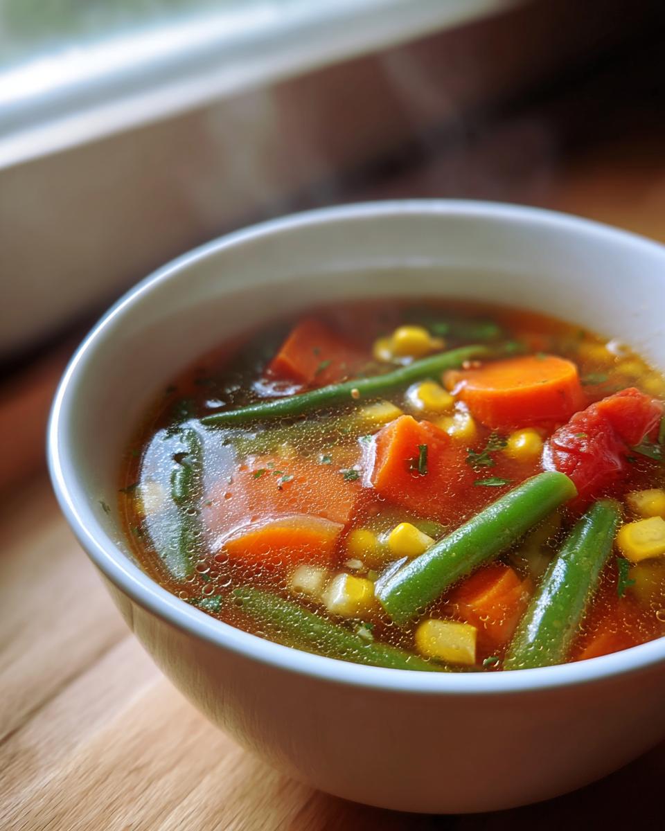 Close-up of a white bowl filled with hot vegetable soup featuring carrots, green beans, corn, and tomatoes.