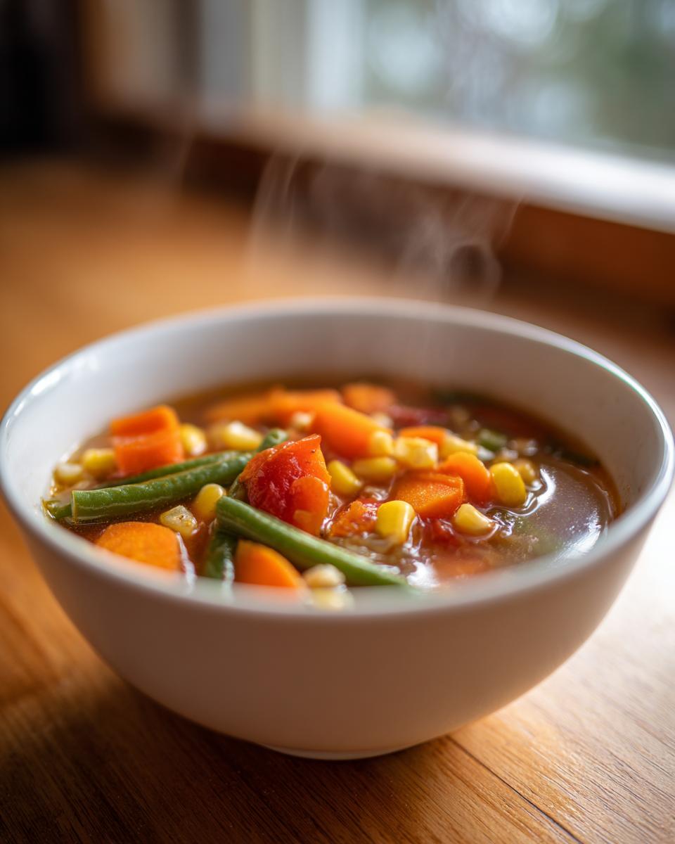 Close-up of a steaming white bowl filled with colorful vegetable soup featuring carrots, corn, and green beans.