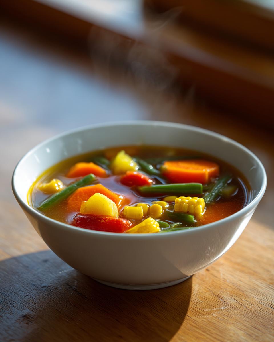 A white bowl filled with steaming hot vegetable soup featuring bright carrots, green beans, corn, and potatoes.