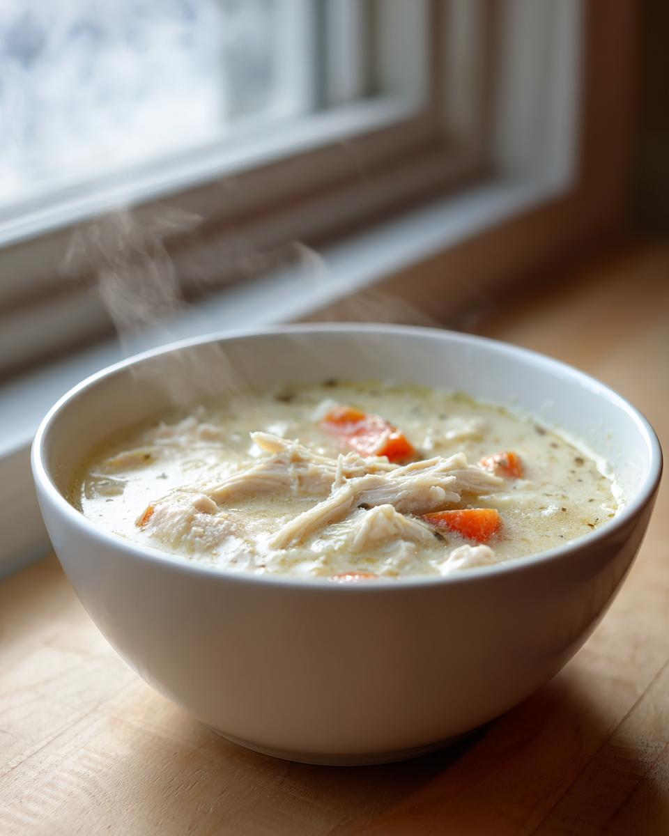 A close-up of a steaming white bowl filled with homemade cream of chicken soup, featuring shredded chicken and visible carrot pieces.