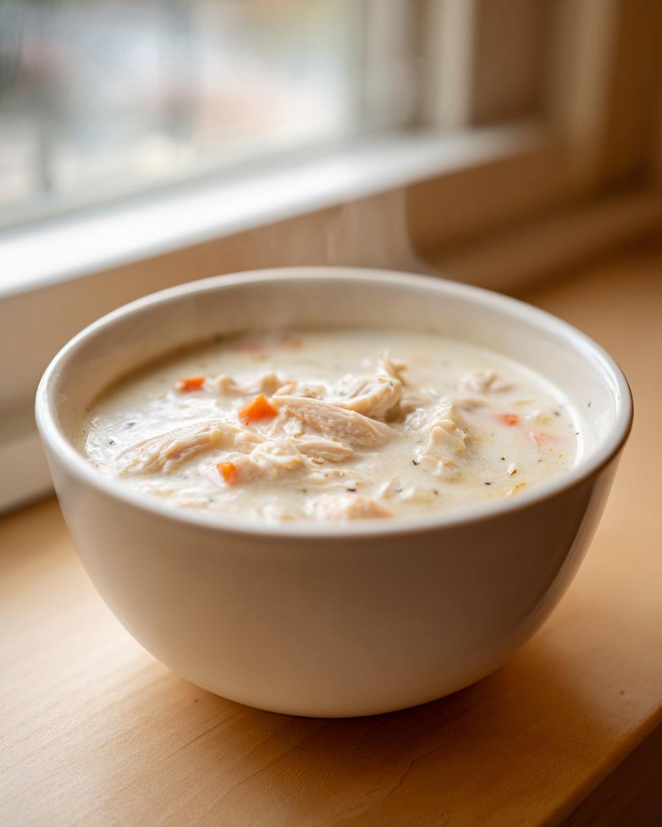 A white bowl filled with steaming homemade cream of chicken soup, featuring shredded chicken and carrots, set by a window.