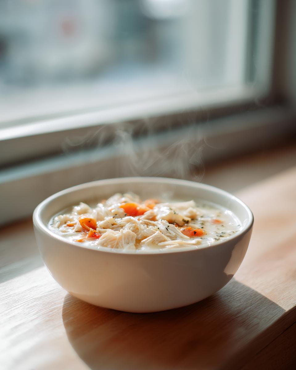 A white bowl filled with steaming homemade cream of chicken soup, featuring shredded chicken and carrots, sits by a sunlit window.