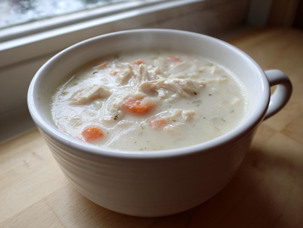 A close-up of a steaming white mug filled with creamy homemade cream of chicken soup, featuring shredded chicken and carrots.