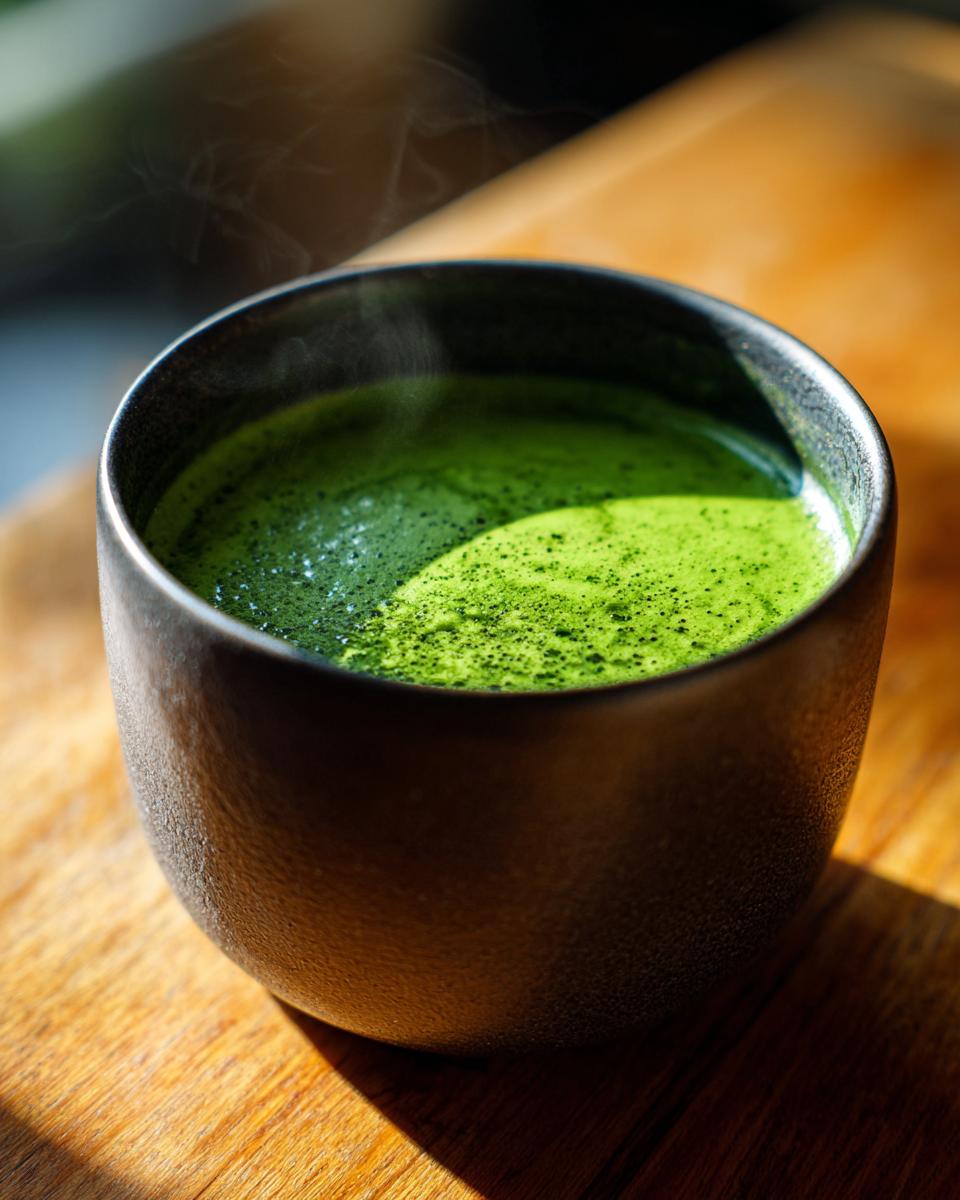 Close-up of a dark bowl filled with hot, creamy spinach soup, showing steam rising.
