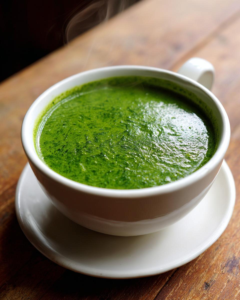 Close-up of a steaming white mug filled with vibrant green, creamy spinach soup on a wooden table.