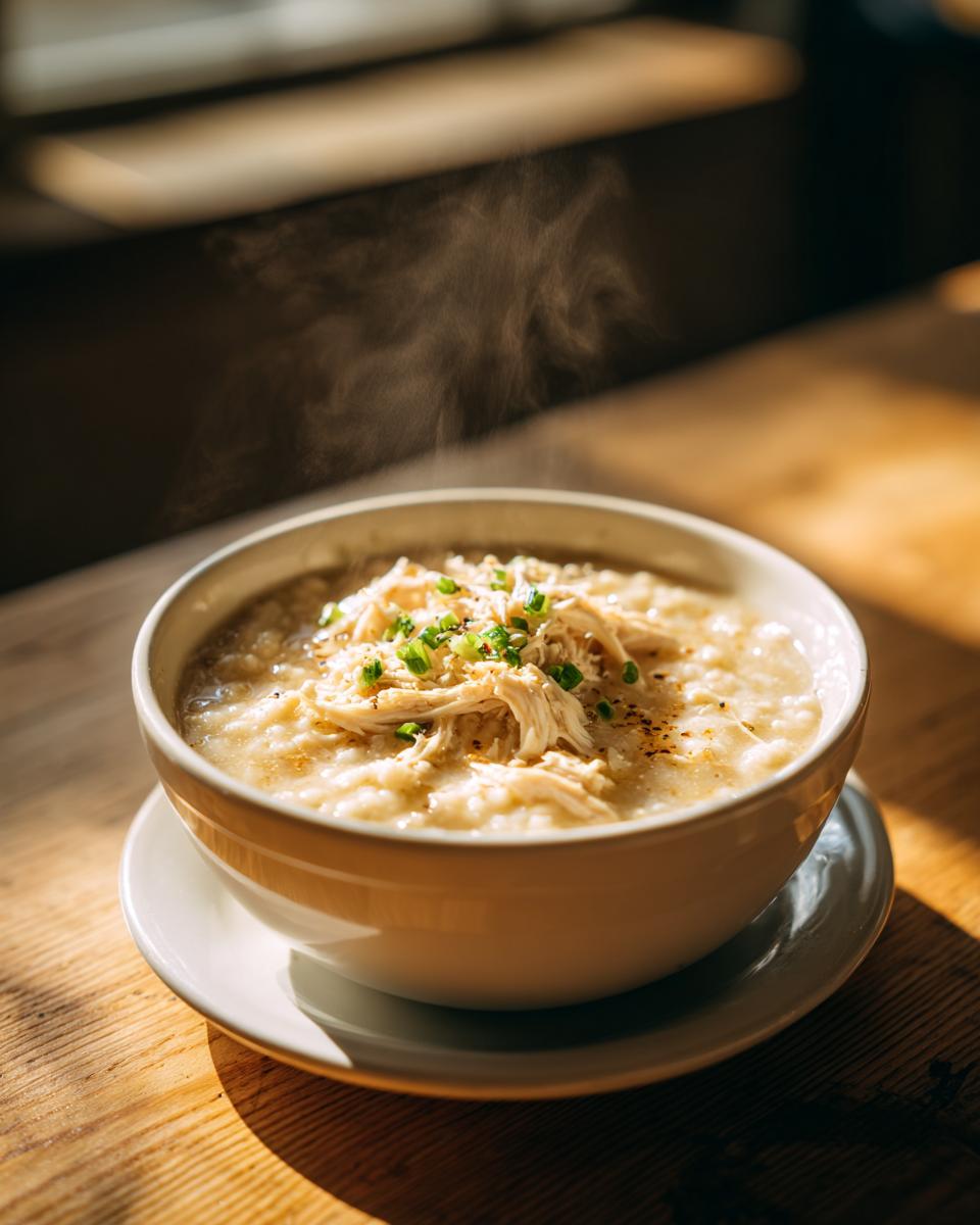 A steaming bowl of creamy white chicken chili or congee topped with shredded white chicken and green onions.
