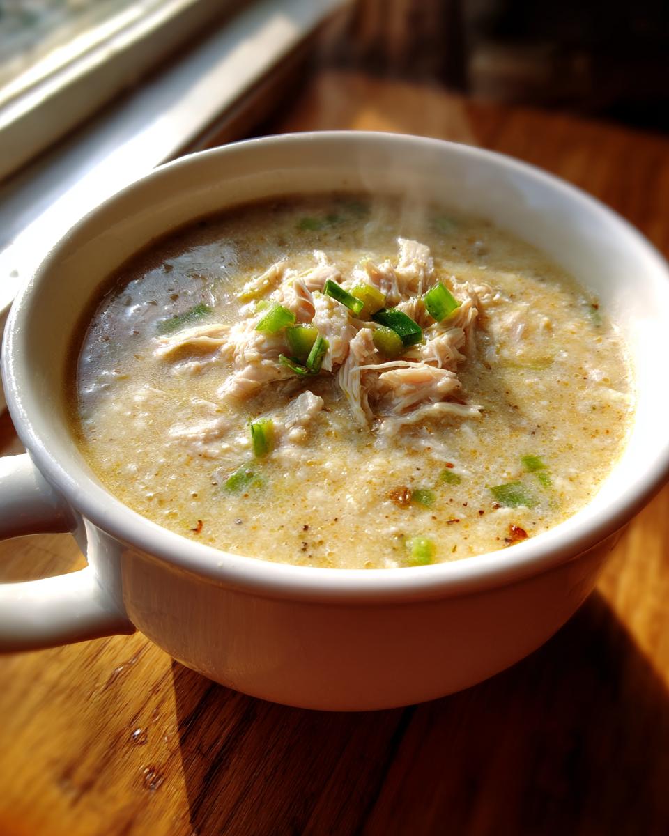A steaming white bowl filled with creamy white chicken chili, topped with shredded white chicken and chopped green onions.