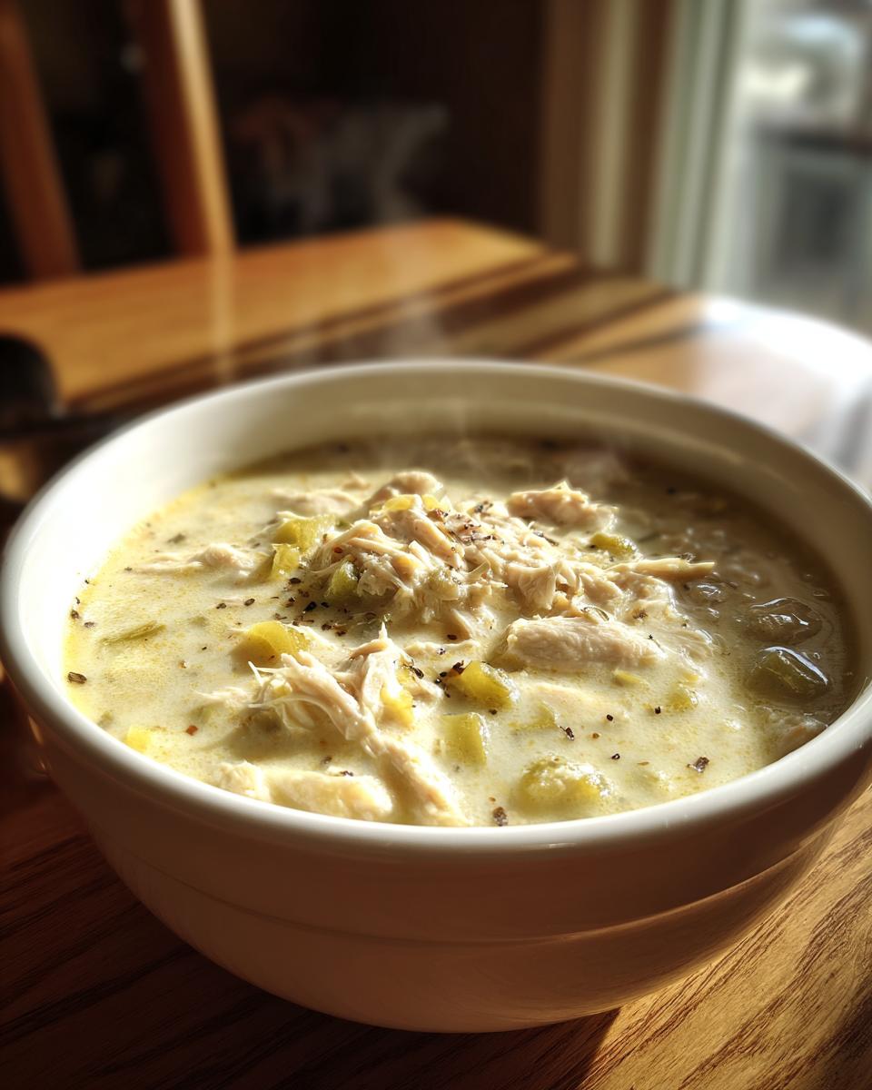 Close-up of a steaming white bowl filled with creamy white chicken chili, topped with shredded white chicken and pepper.