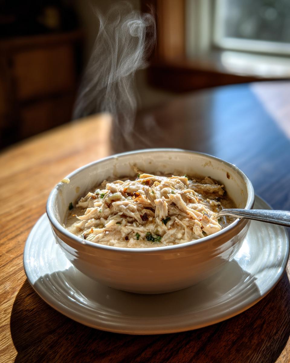 A steaming bowl of creamy white chicken chili topped with shredded white chicken, served on a wooden table.