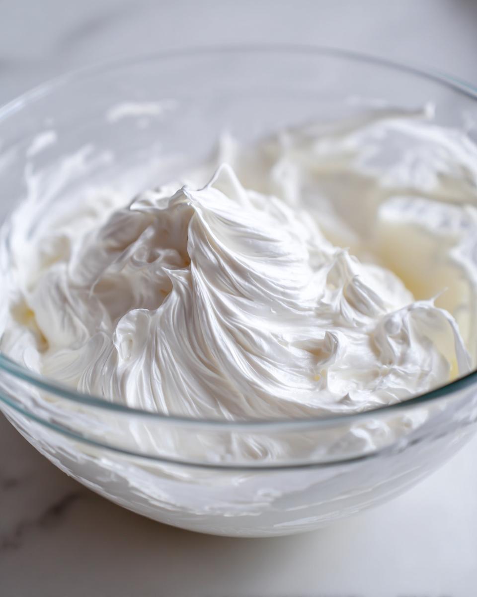 Close-up of stiff, glossy white royal icing recipe mixture whipped in a clear glass bowl.