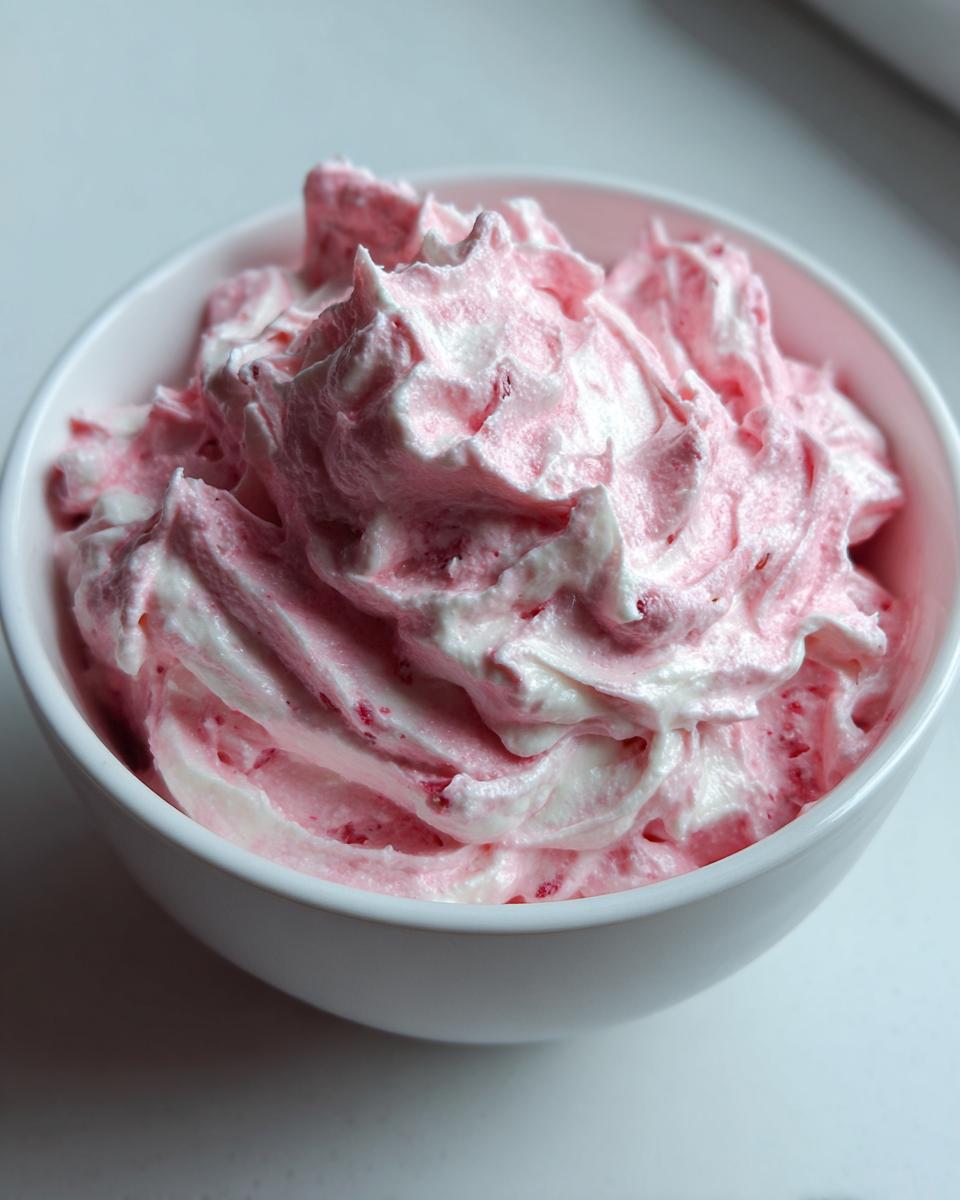Close-up of fluffy, swirled pink and white strawberry cheesecake dip served in a small white bowl.