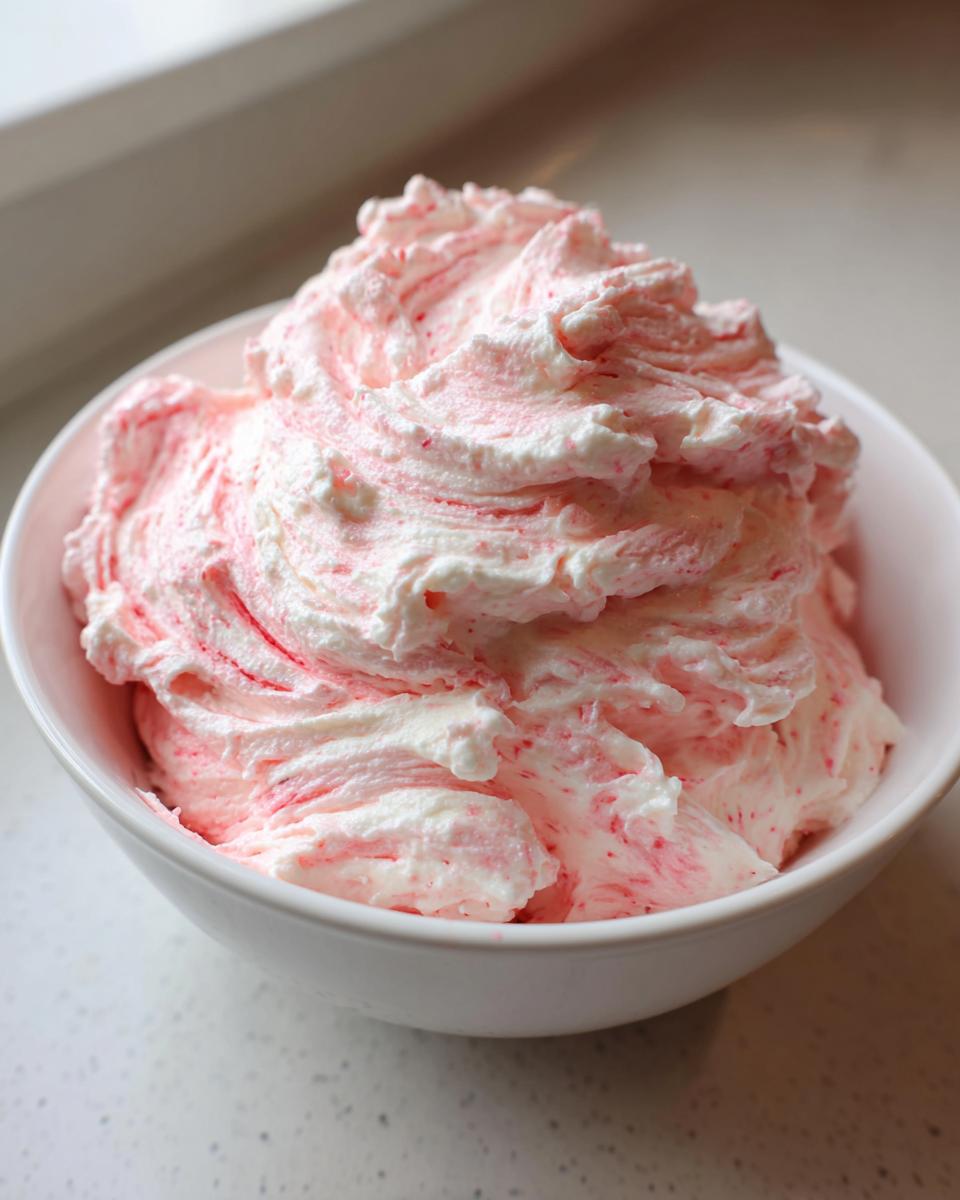 Close-up of fluffy, pink-swirled strawberry cheesecake dip served in a white bowl.