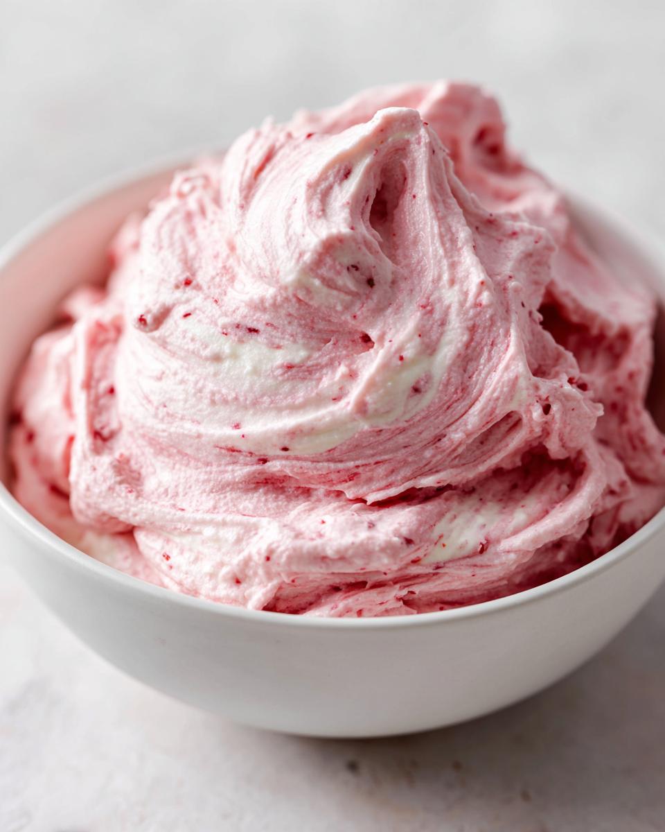 Close-up of fluffy, pink strawberry cheesecake dip swirled high in a white bowl.