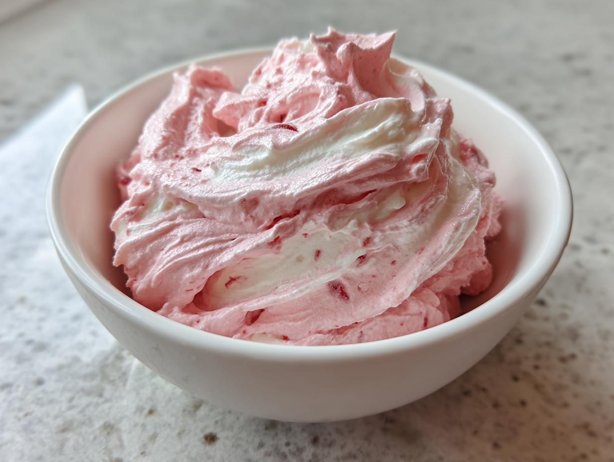 A close-up of fluffy, swirled pink and white strawberry cheesecake dip served in a small white bowl.
