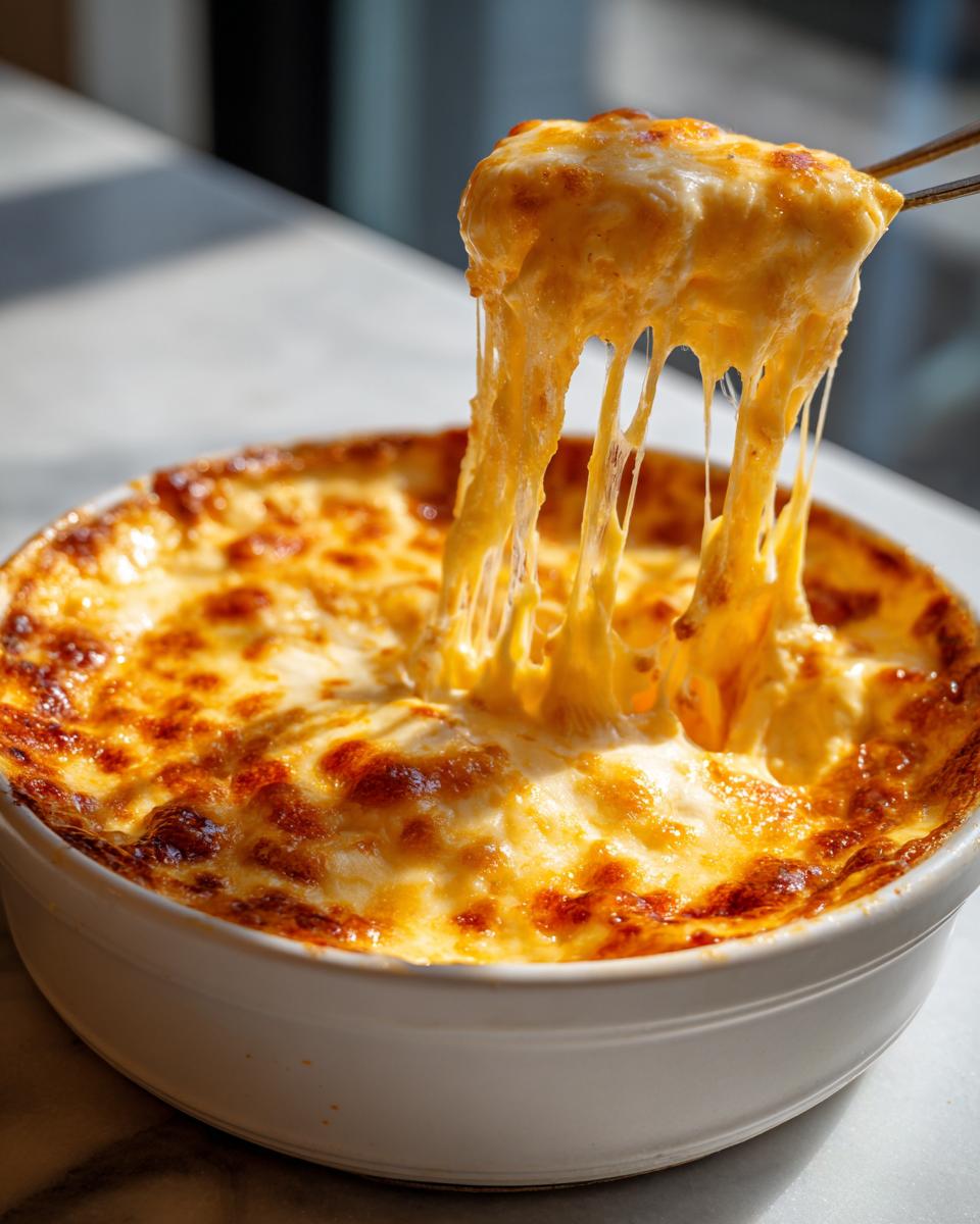 Close-up of a spoonful of hot, melted beer cheese dip being pulled from a white baking dish, showing long cheese strings.