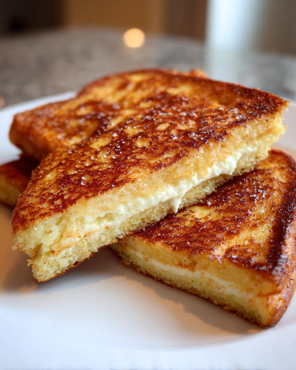 Close-up of golden brown stuffed french toast cut diagonally, revealing a thick cream cheese filling.