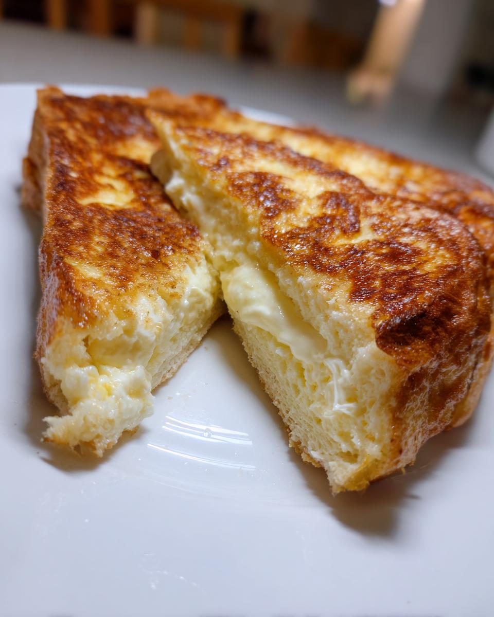 Close-up of two halves of golden brown stuffed french toast showing the rich, creamy filling inside.