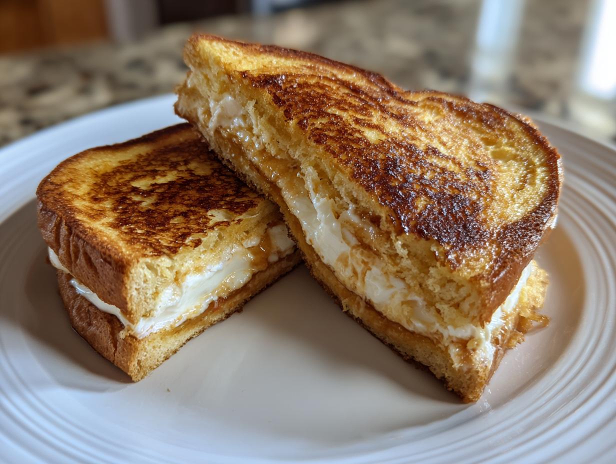 Two halves of golden brown stuffed french toast, oozing with cream cheese and syrup, served on a white plate.