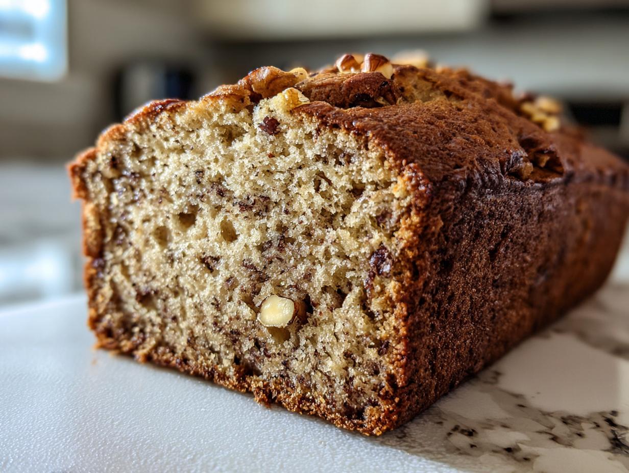 Close-up of a freshly baked loaf of sugar free banana bread, showing the moist crumb and walnut topping.