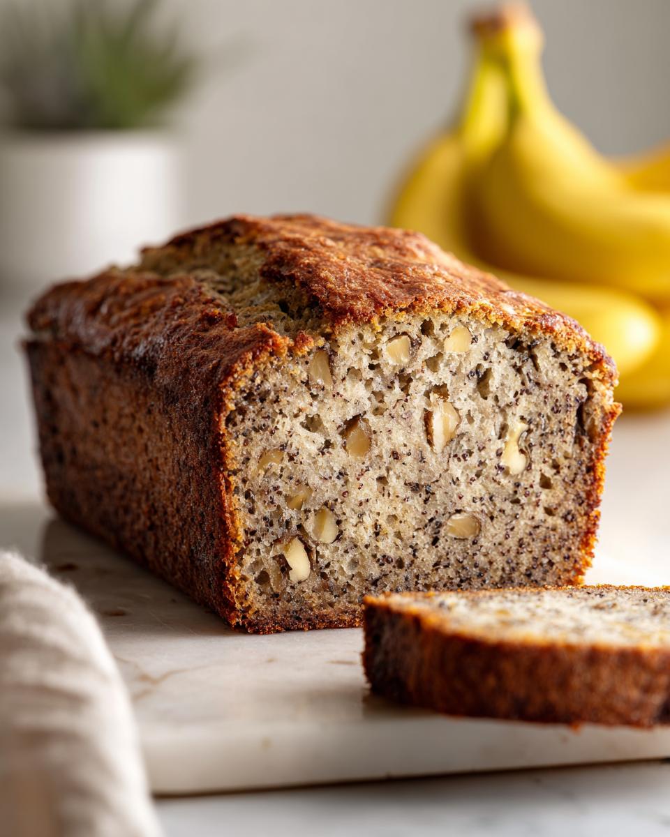 A loaf of freshly baked sugar free banana bread, sliced, showing nuts inside, with bananas in the background.