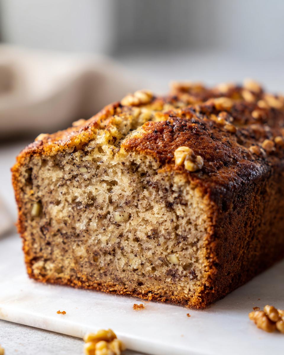 A close-up of a freshly baked loaf of sugar free banana bread, showing the moist crumb and walnut topping.