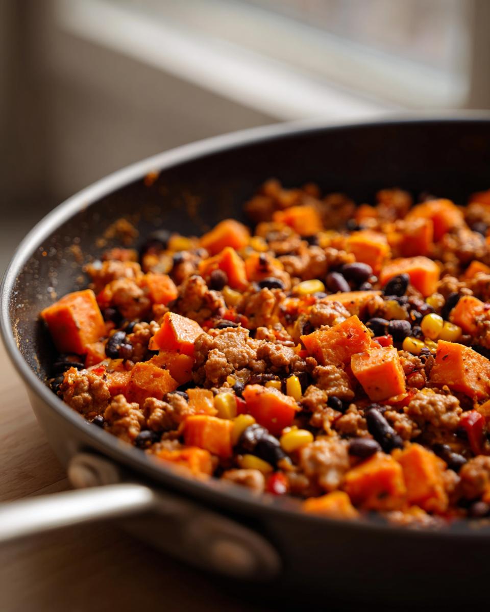 Close-up of a savory sweet potato skillet mixture with ground meat, black beans, and corn cooking in a dark pan.