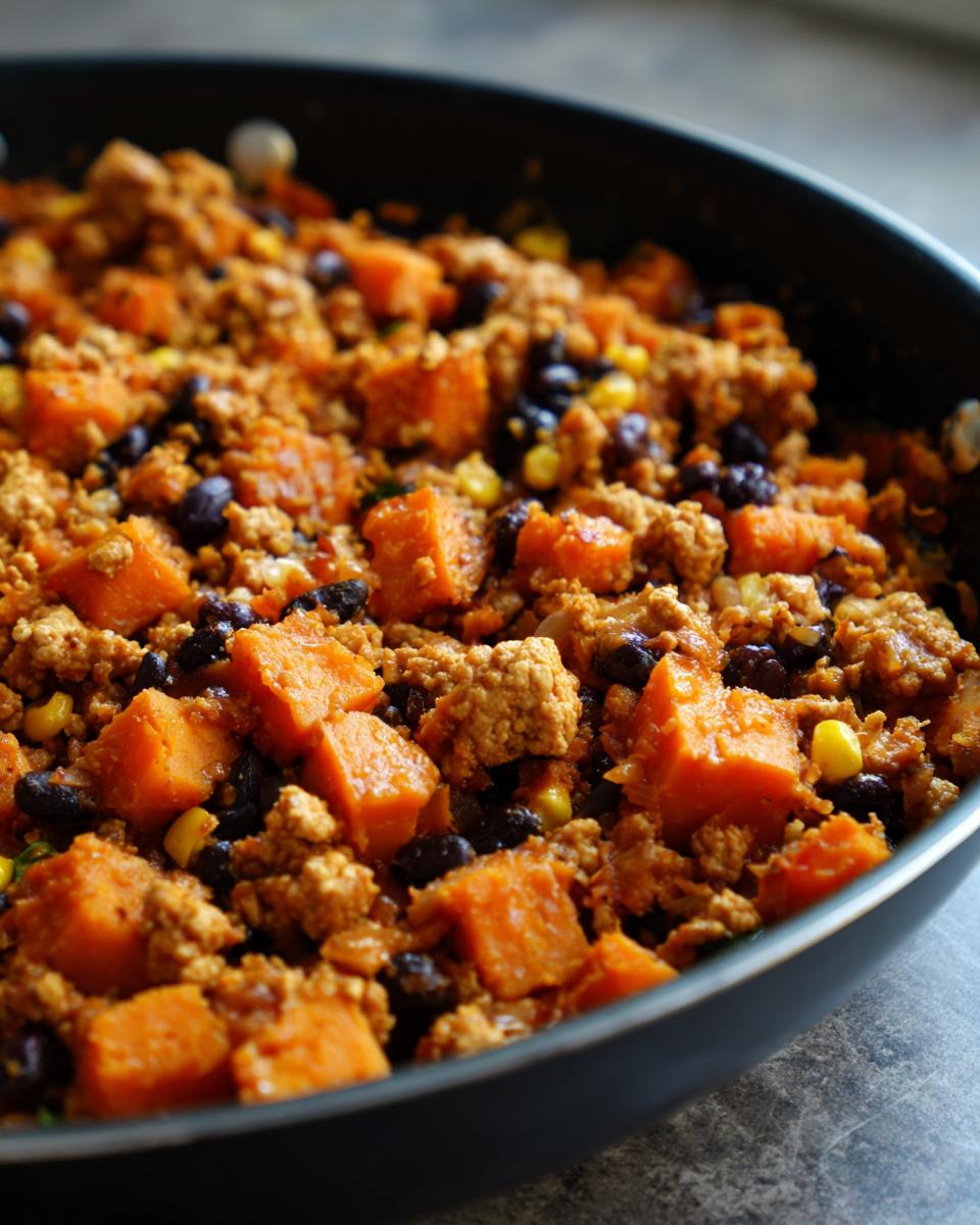Close-up of a savory sweet potato skillet featuring diced orange sweet potatoes, black beans, corn, and ground meat/protein in a dark skillet.