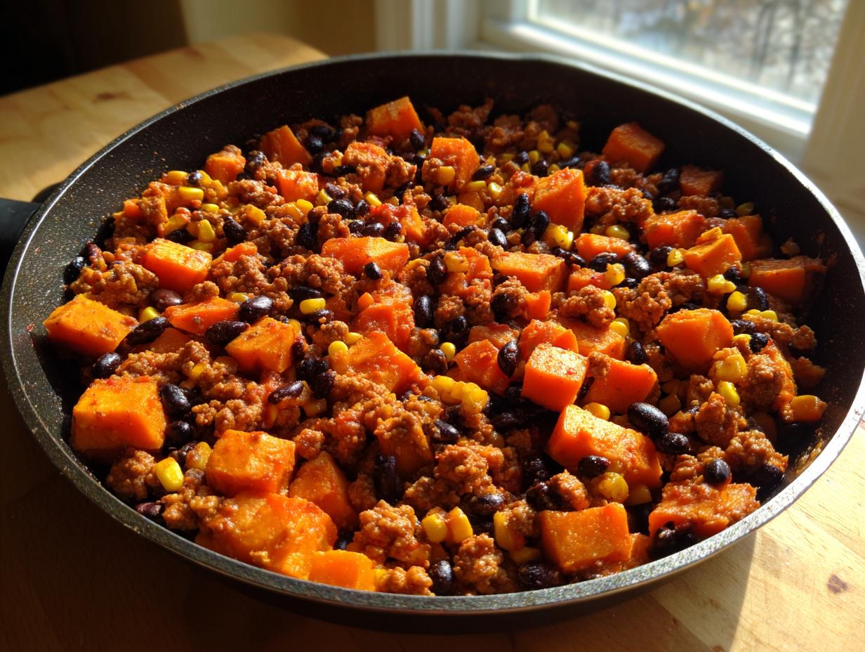 A close-up view of a savory sweet potato skillet mixture featuring ground meat, black beans, and corn.