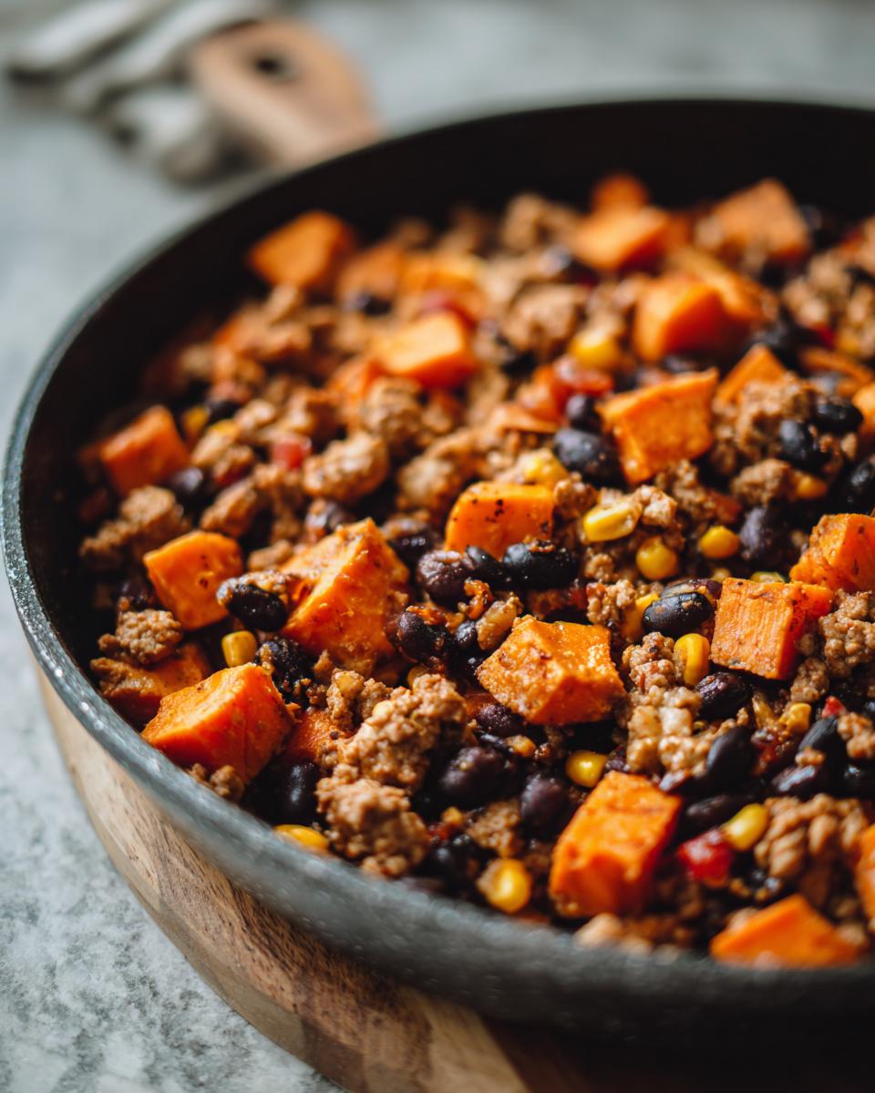 Close-up of a savory sweet potato skillet mixture with ground meat, black beans, and corn.