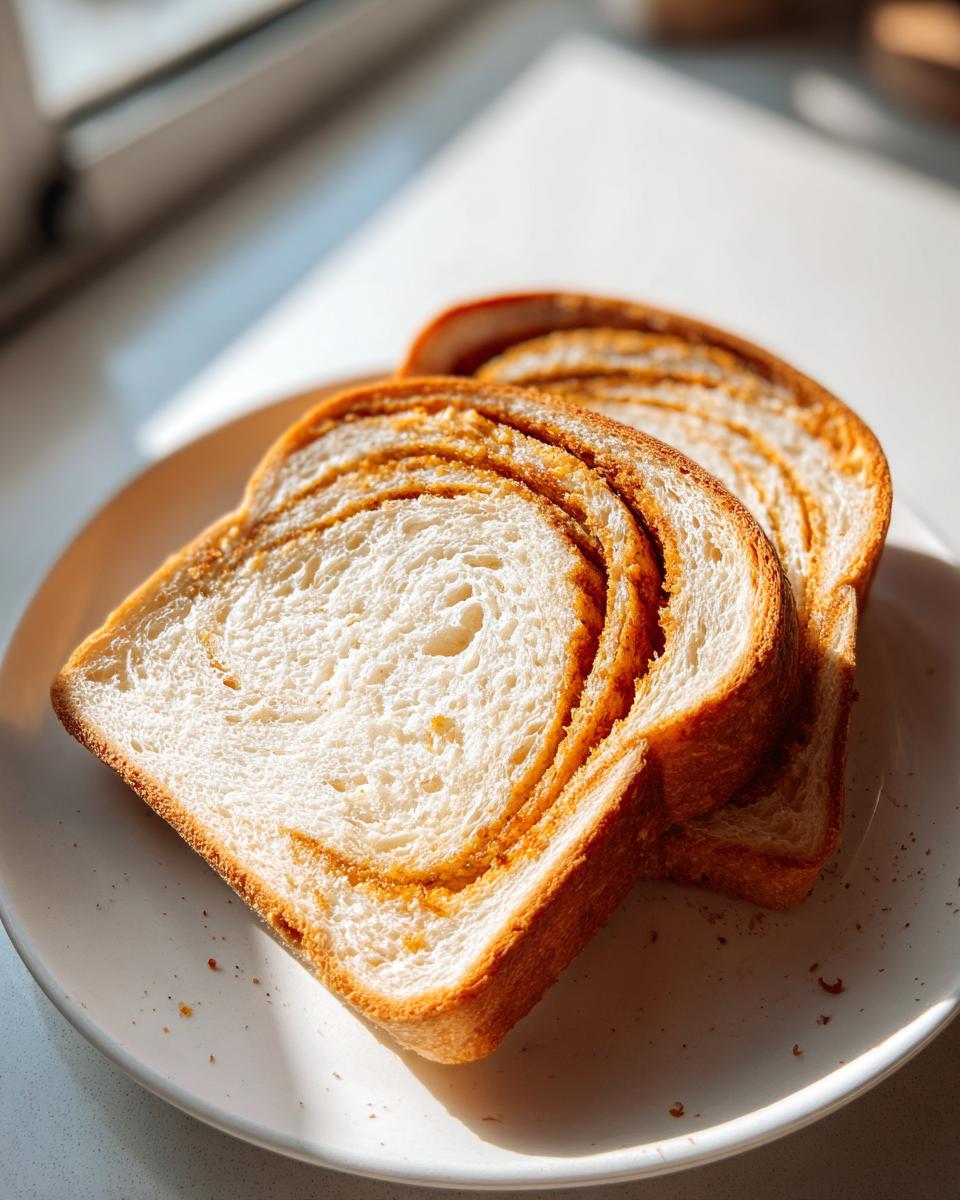 Two thick slices of swirled pumpkin sourdough bread resting on a white plate, illuminated by sunlight.