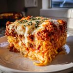A thick, square slice of baked spaghetti pie layered with meat sauce and melted mozzarella cheese, garnished with parsley.