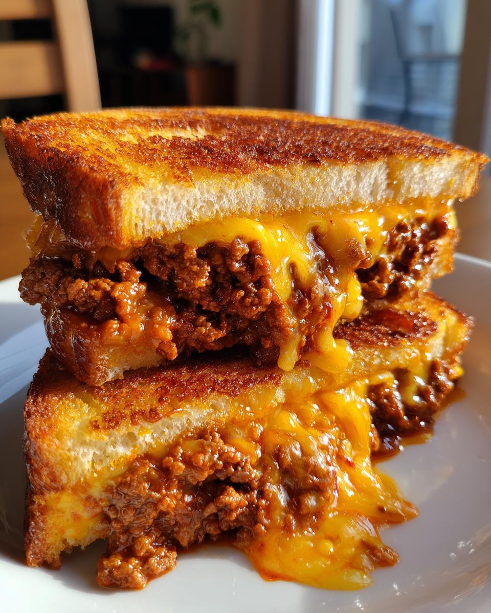 A close-up of two halves of a grilled sandwich stacked, filled with meaty sloppy joe mix and oozing melted cheddar cheese, served on texas toast sloppy joes.
