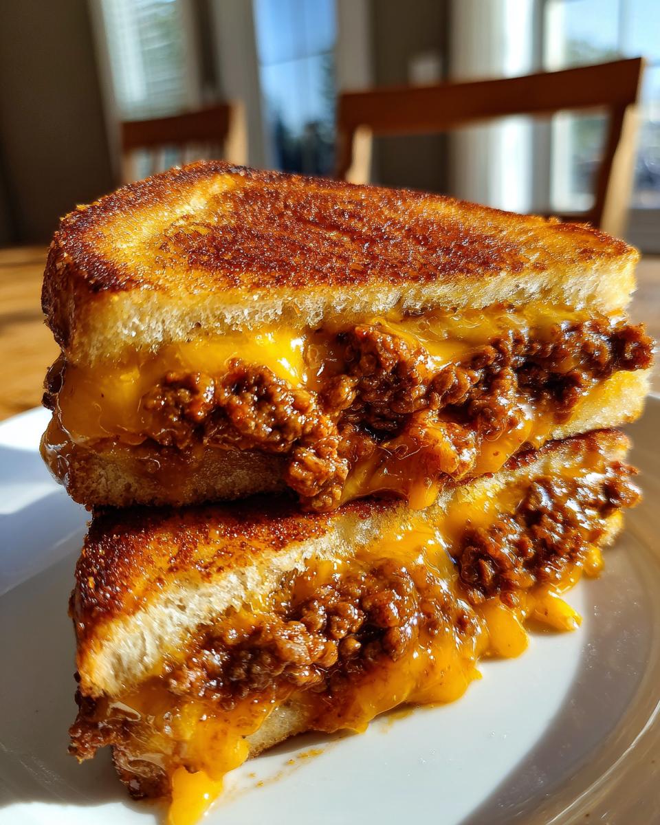 Close-up of a grilled sandwich cut in half, filled with sloppy joe meat and oozing melted cheddar cheese, served on Texas toast.