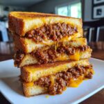 A stack of two halves of Texas toast sloppy joes, overflowing with saucy meat filling and melted cheddar cheese.