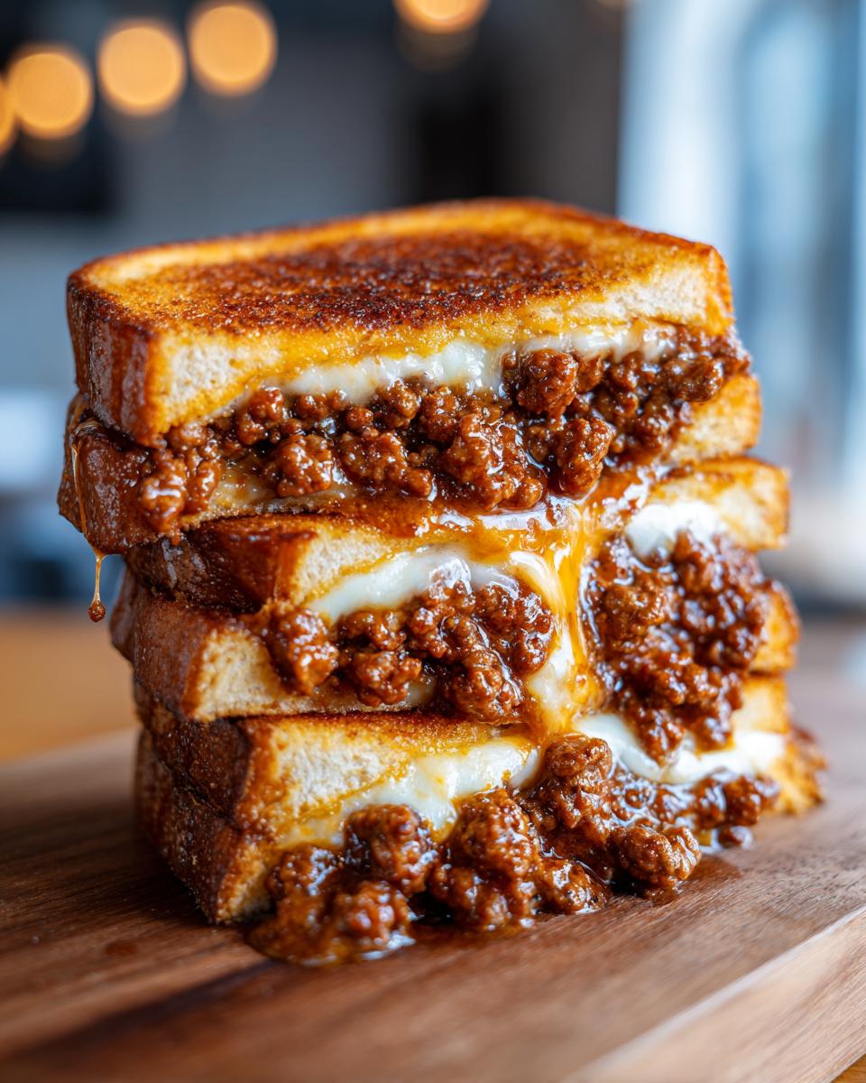 A tall stack of three halves of texas toast sloppy joes, overflowing with saucy meat and melted white cheese.