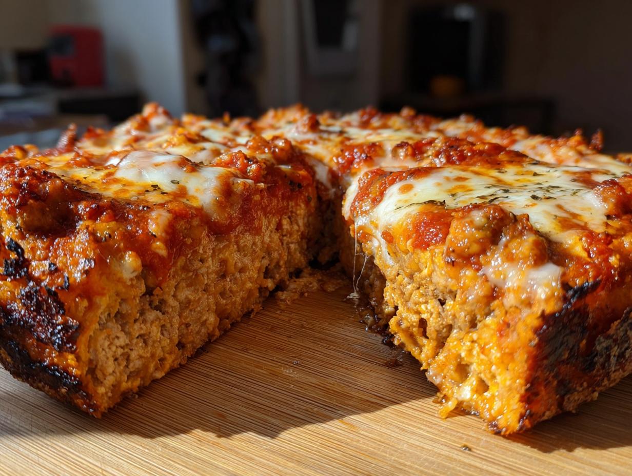 A thick, deep-dish style slice of chicken crust pizza showing the dense chicken base topped with marinara sauce and bubbling mozzarella cheese.