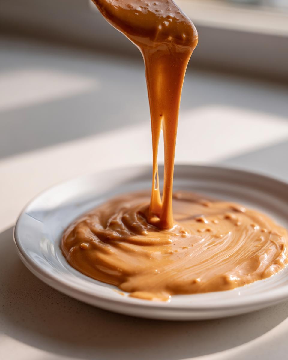 A spoonful of thick, rich peanut sauce is drizzled onto a white plate, showing its smooth, flowing texture.