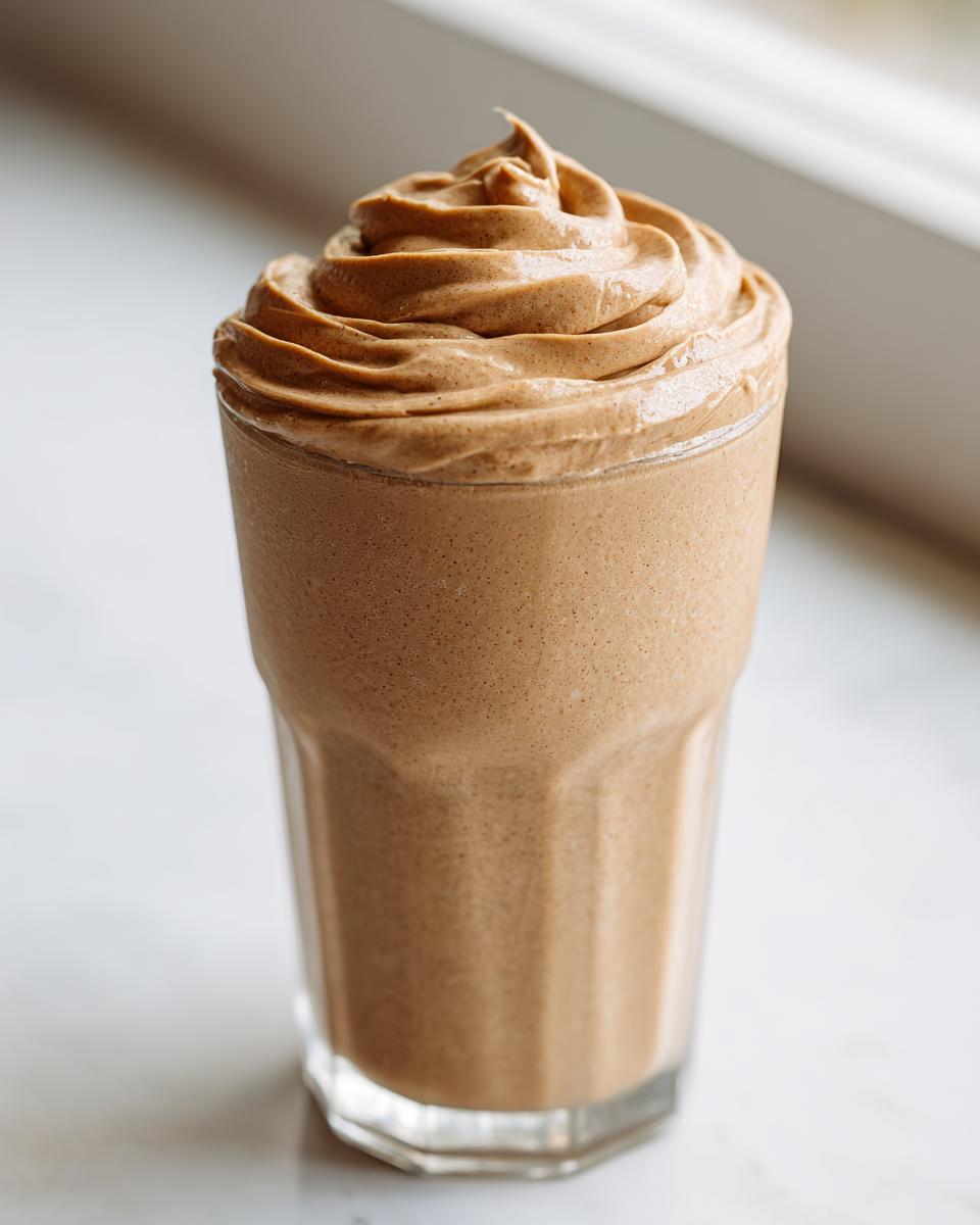 A thick, brown peanut butter banana smoothie served in a tall glass with a decorative swirl of the same mixture on top.