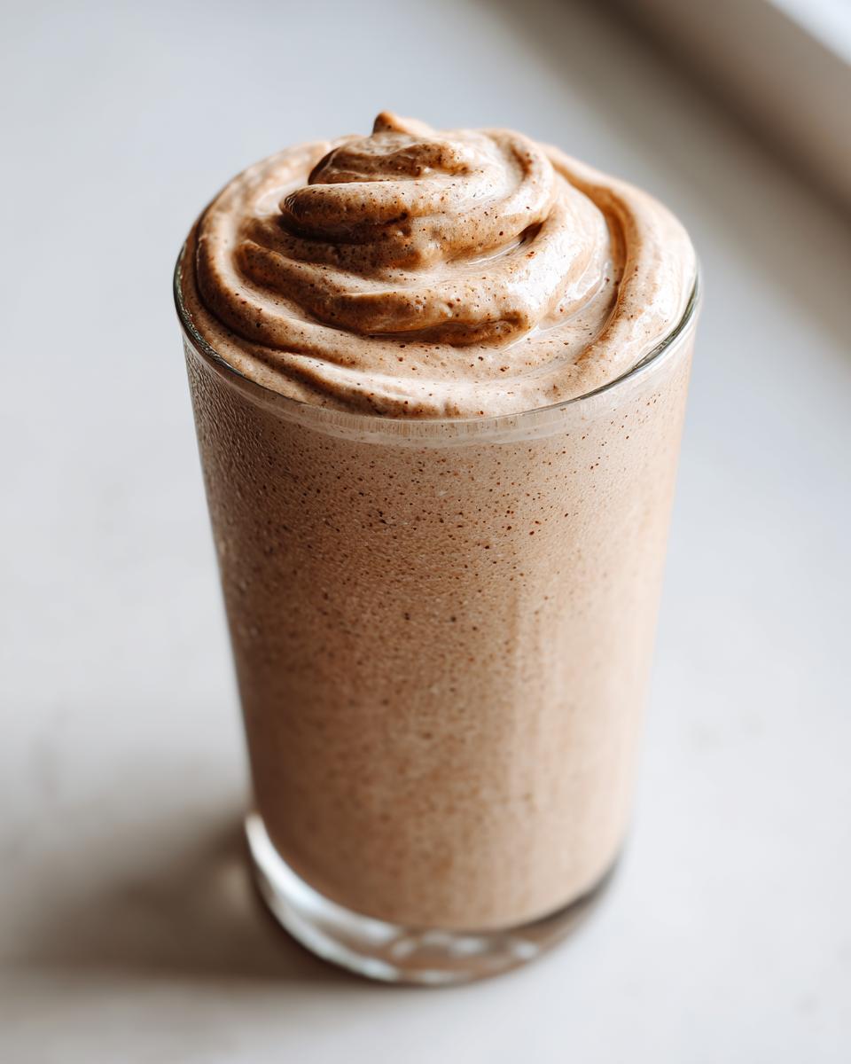 Close-up of a thick, brown peanut butter banana smoothie topped with a perfect swirl.